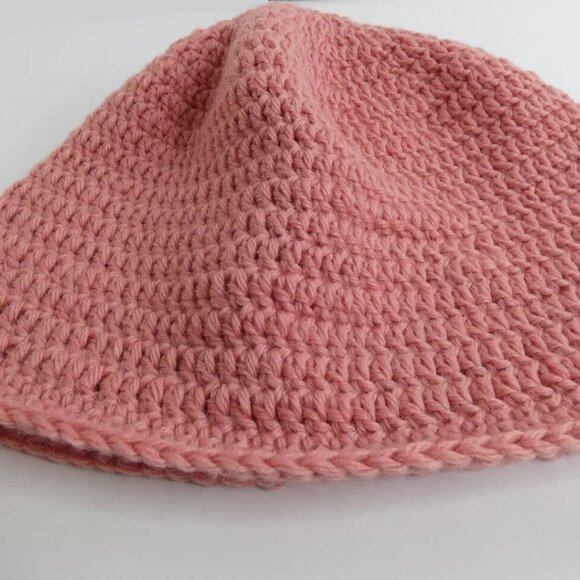Pink Bucket Hat WOOL Roll Up Brim Beanie OS Cap Handmade Crochet Hand Knit NWT - Picture 6 of 11